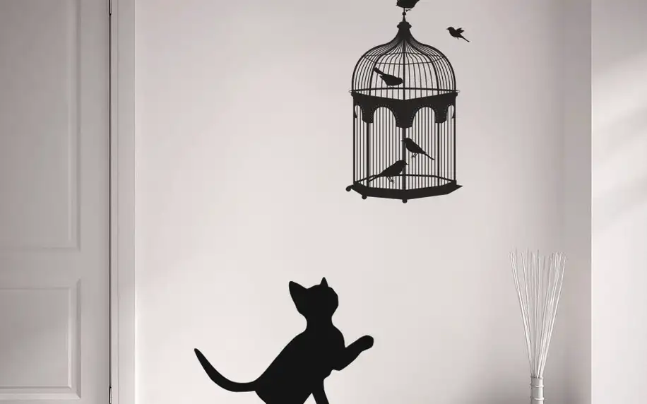 Samolepka na stěnu Kočka a ptáci, 90x60 cm