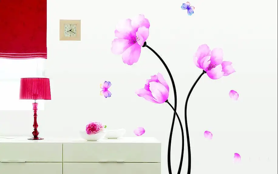 Samolepka Pink flowers and butterflies, 110x50 cm