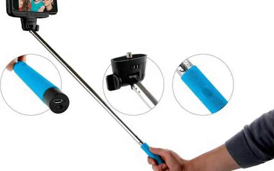 Selfie tyč GoGEN teleskopická, bluetooth modrá