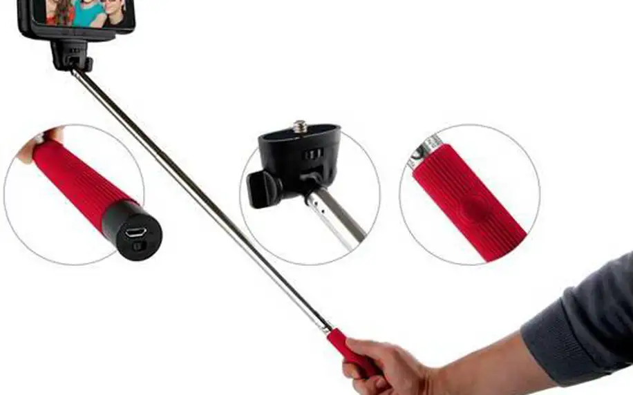 Selfie tyč GoGEN teleskopická, bluetooth červená