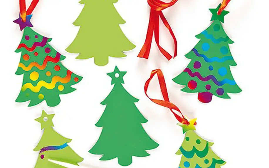Dekorace vánoční stromky barvené škrabáním (8 ks)