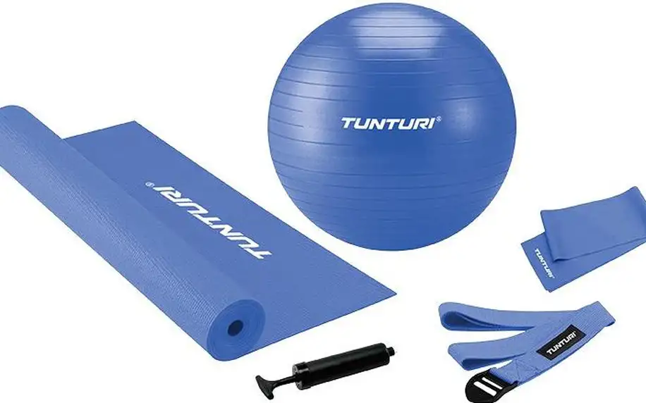 Tunturi Pilates&Fitness Set obsahuje gymnastický míč o průměru 55 cm z materiálu odolného proti prasknutí, podložku na cvičení, latexovou pásku na cvičení, joga-pásku a pumpičku