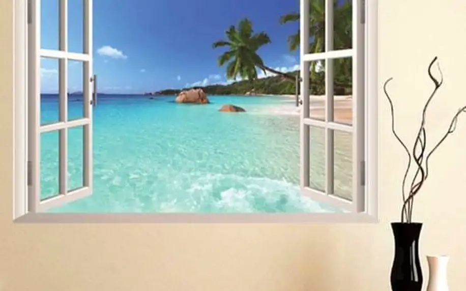 3D samolepka na zeď - okno na pláž