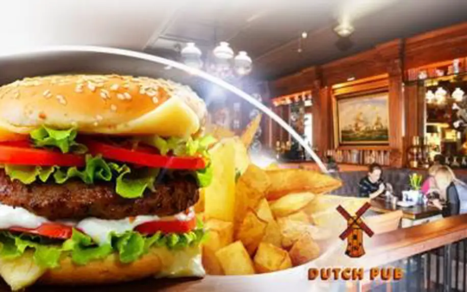 2x 600g BURGER se steakovými hranolky a domácí tatarkou v nové The Dutch Pub na Praze 1. Na výběr ze 3 druhů!