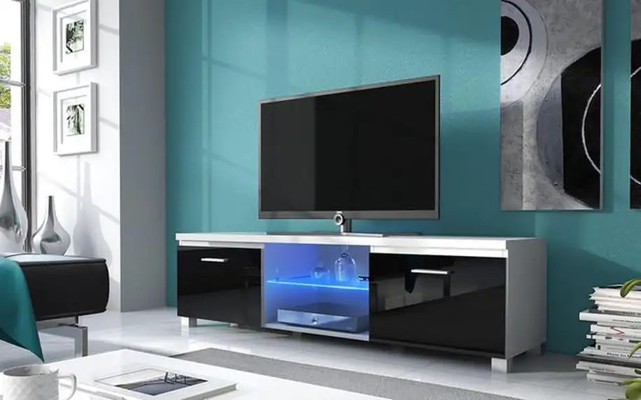 Televizní stolek s úložným prostorem v černo-bílém provedení