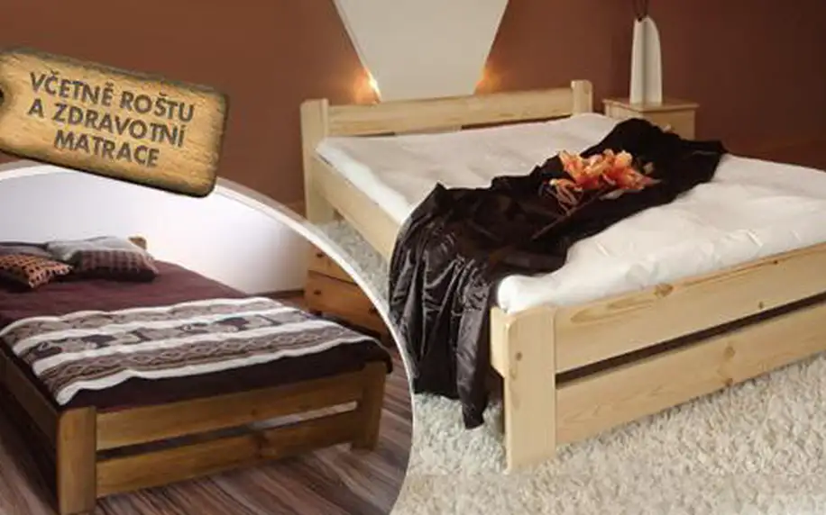 Kvalitní dřevěná postel včetně 13-14cm zdravotní matrace a roštu, 6 rozměrů až do 180x200 cm