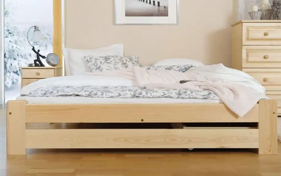Dřevěná postel z borovicového masivu včetně roštu a zdravotní matrace - 2 barvy, 5 rozměrů