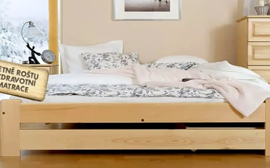 Dřevěná postel z borovicového masivu včetně roštu a zdravotní matrace - 2 barvy, 5 rozměrů