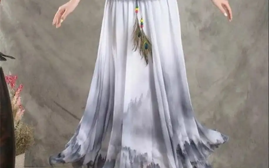 Rozmanitá sukně s ozdobným pavím pírkem na léto - dlouhá