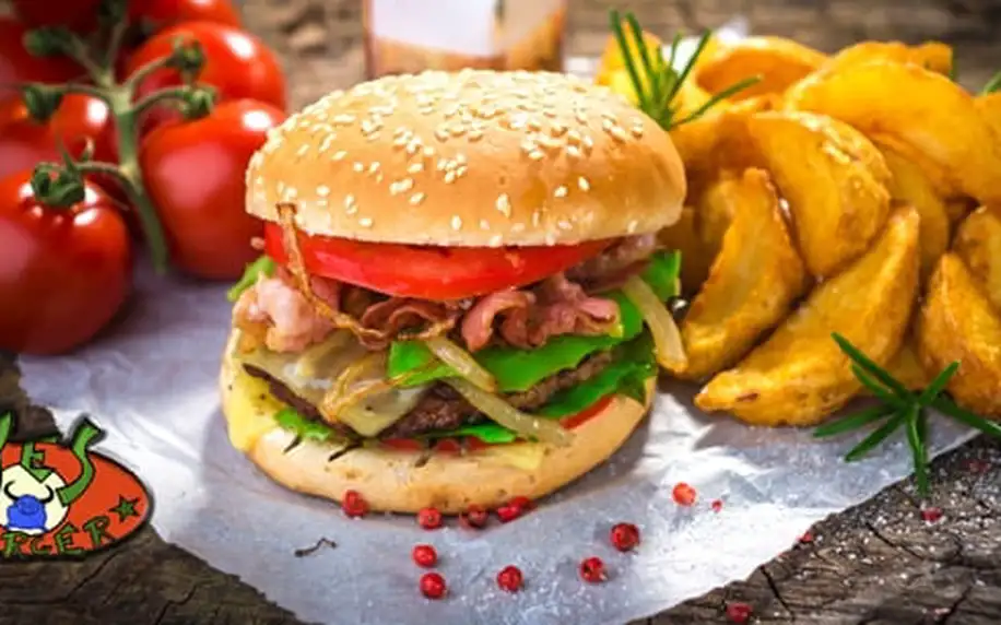 350g Maxi Bacon hovězí burger + americké brambory s omáčkou - menu pro 1 nebo 2 osoby