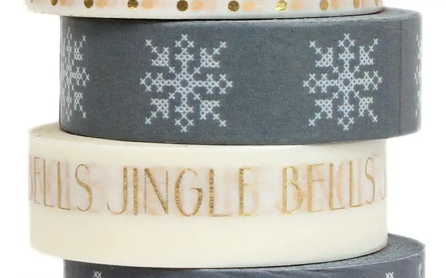 Bloomingville Designová samolepící páska Grey/Gold Jingle Bells, šedá barva, bílá barva, zlatá barva, papír