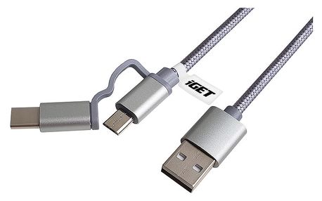Kabel iGET USB/USB-C + micro USB, 1m stříbrný