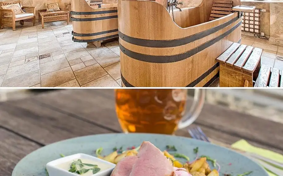 Odpolední relax s pivní či vinnou lázní, solnou jeskynní a dvouchodovým menu ve Štramberku pro dva