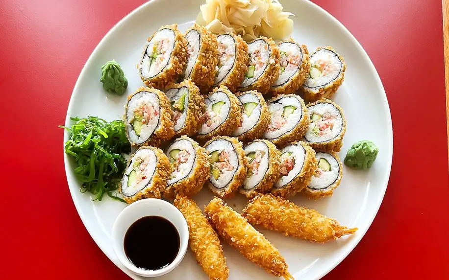 Tempura sushi: až 57 ks s lososem, krevetami a krabem