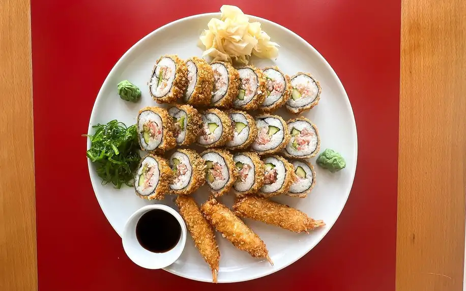 Tempura sushi: 21-57 ks s lososem, krevetami a krabem
