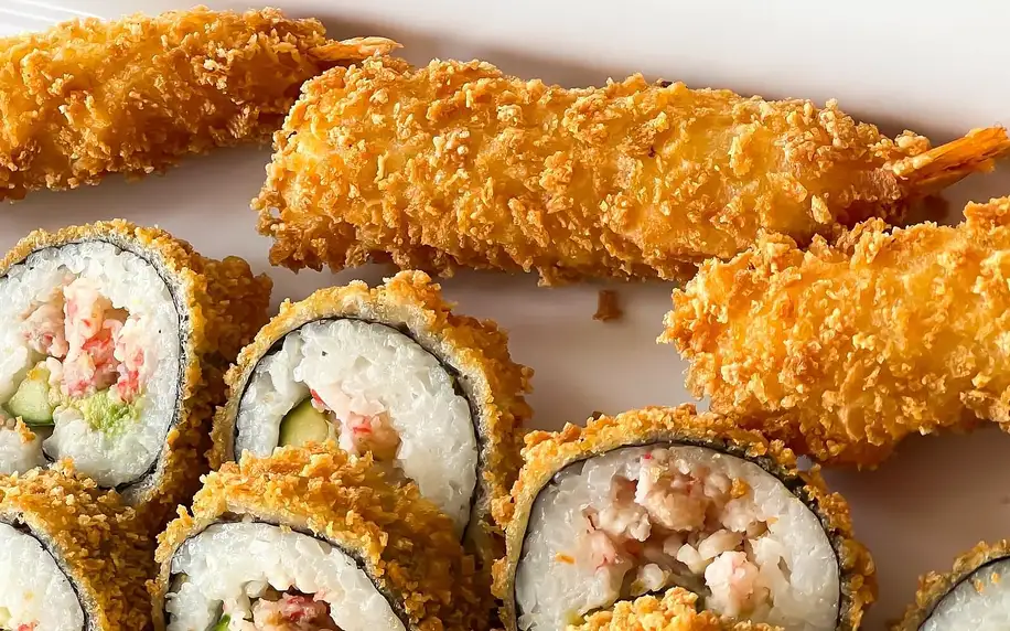 Tempura sushi: až 57 ks s lososem, krevetami a krabem