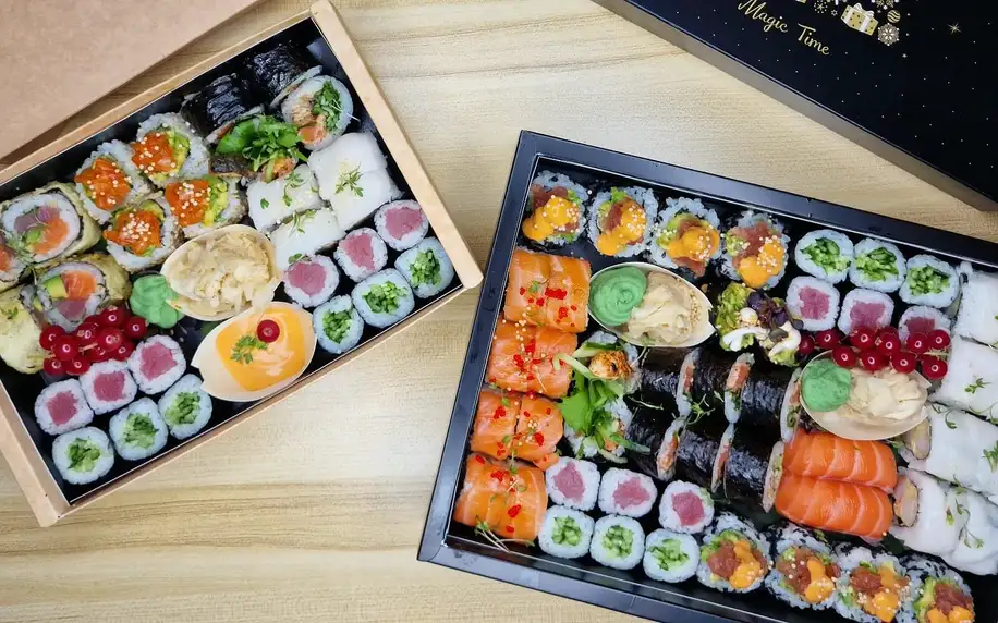 Rozmanité sushi sety s sebou: 16-48 ks, ryby i vege